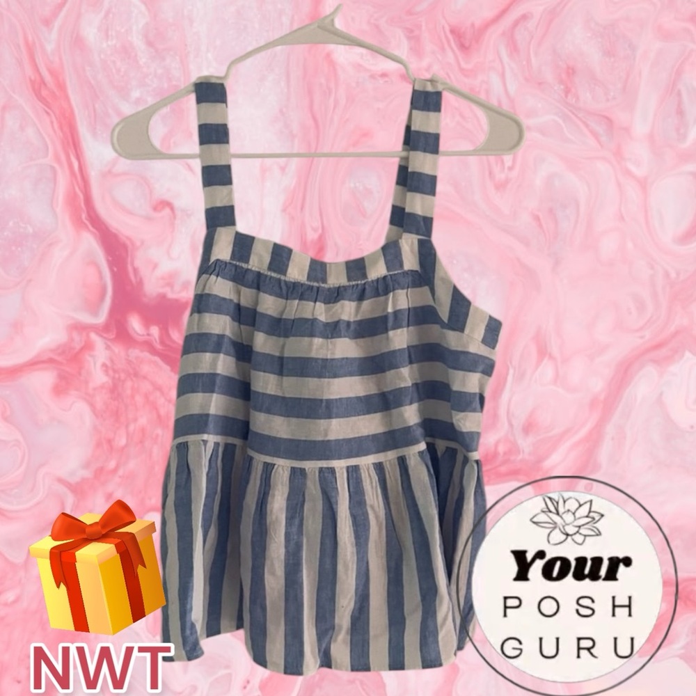 🎁NWT LOFT linen viscose blend blue white striped tank top loose peplum light
